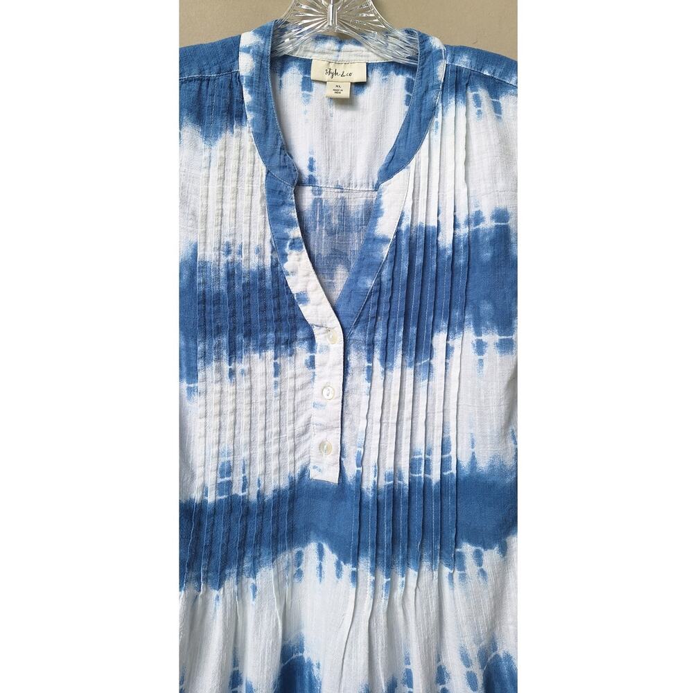 Style & Co Eyelet Pleated Tie Dye 100% Cotton Tank Top Tunic Blue White XL Boho - Picture 7 of 10